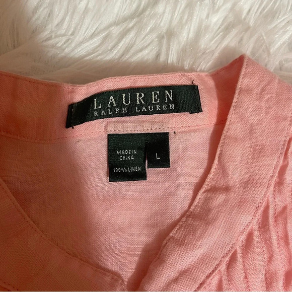 Lauren Ralph Lauren Linen Pink Pleated Open Front Key Hole Long Sleeve Blouse - Picture 3 of 12